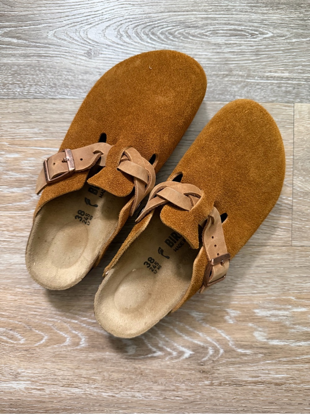 Birkenstock Boston Braid Suede Slip-On Clogs in Cognac